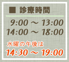 診療時間9:00〜13:00、14:00〜18:00、ただし水曜日の午後は14:30〜19:00